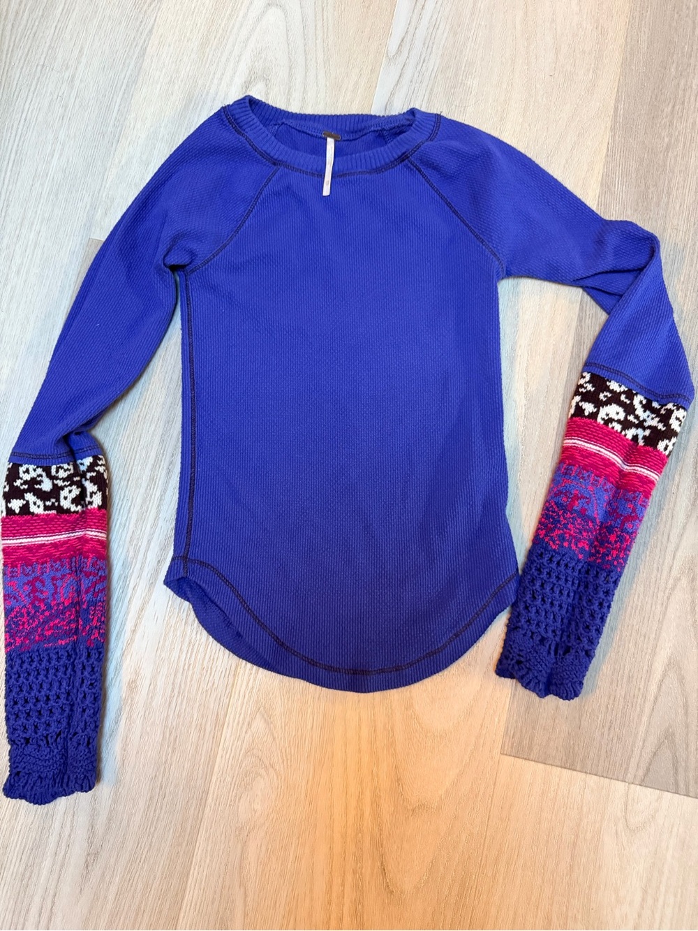 Blue Long-Sleeve Mixed-Knit Women's Top